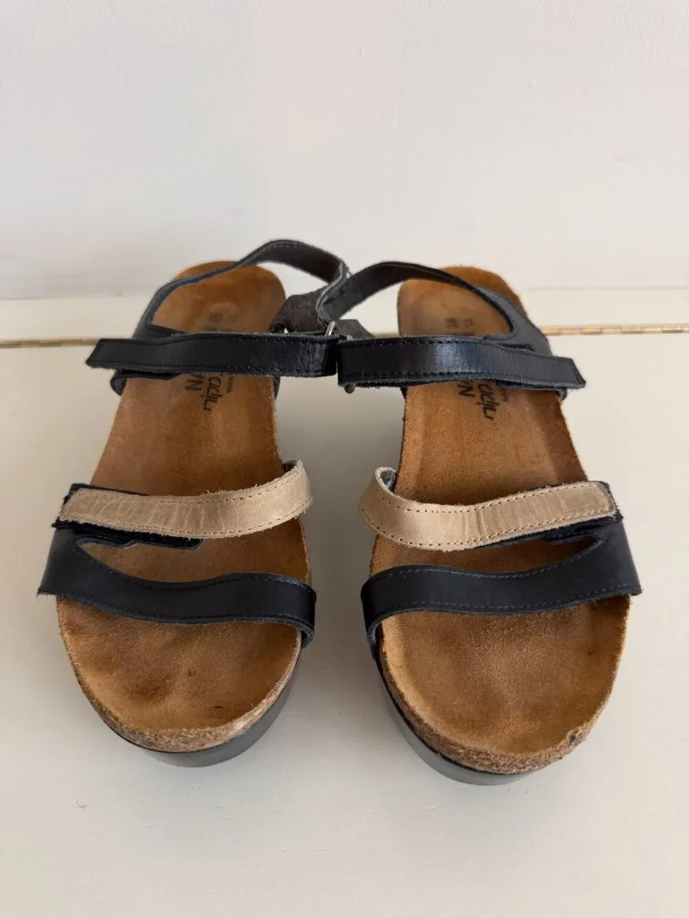 Naot Pixie Black Beige Leather Comfort Wedge Sandals EU 36